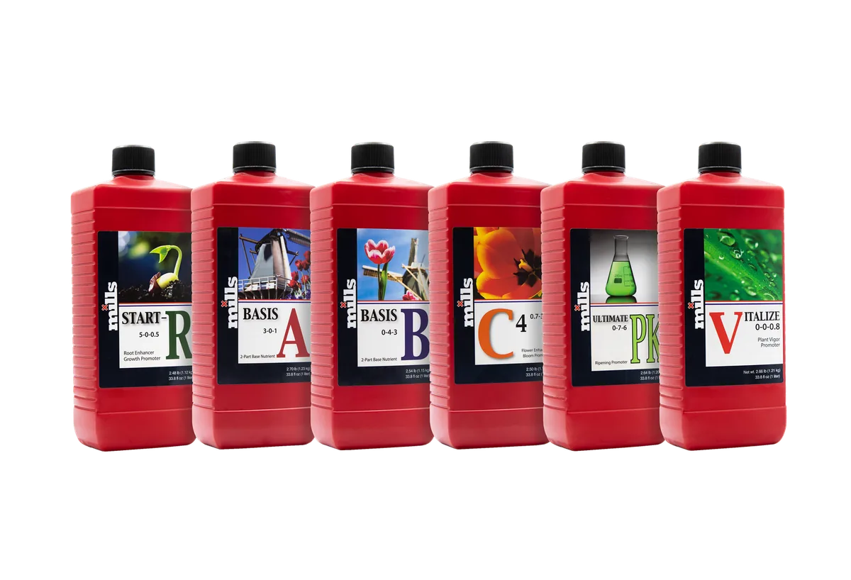 The Mills Six Bottle System — 6 one-litre bottles included in every Free Sample Grow kit